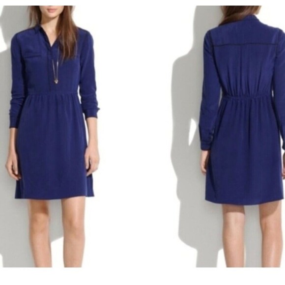 MADEWELL Silk Cinema Dress Women 2 Blue Lined Pockets Collard‎ Preppy Office - Picture 9 of 9